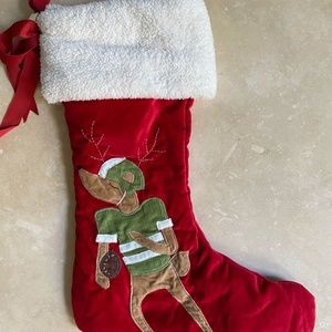 Pottery Barn Kids red velvet stocking with football reindeer